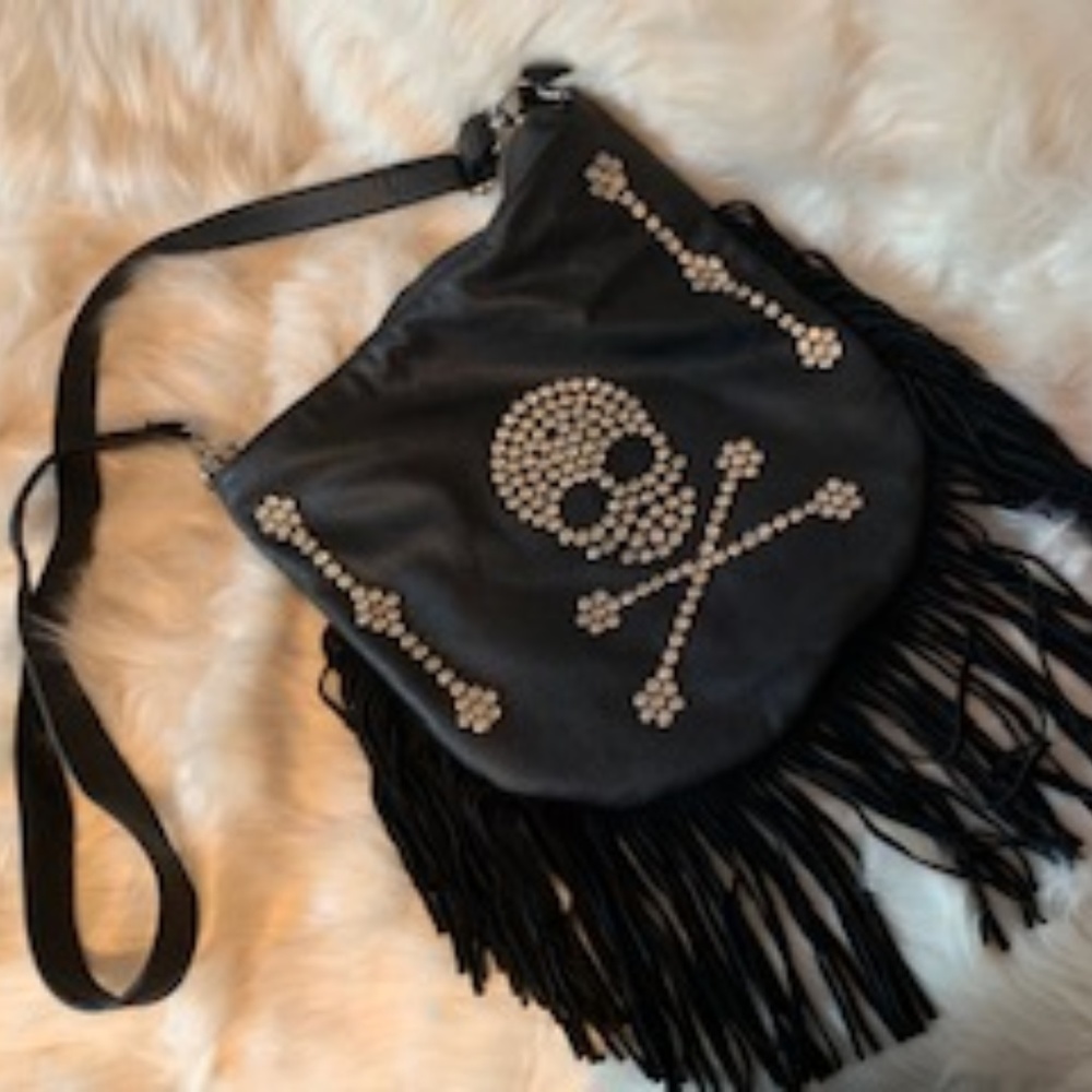 Black Leather Crystal Skull Handbag